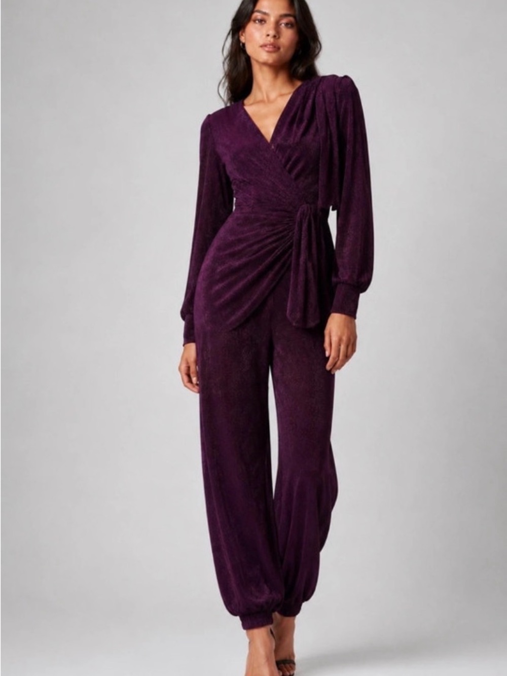SHEIN Plum Wrap-Front Long Sleeve Jumpsuit
